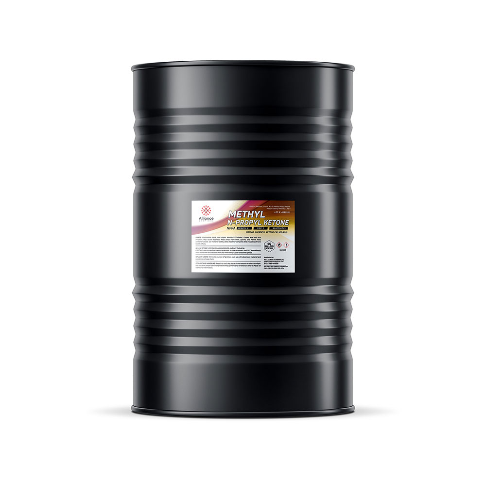 55-gallon black steel drum of Methyl N-Propyl Ketone (MPK) industrial solvent with hazard warning labels, manufactured by Alliance Chemical.